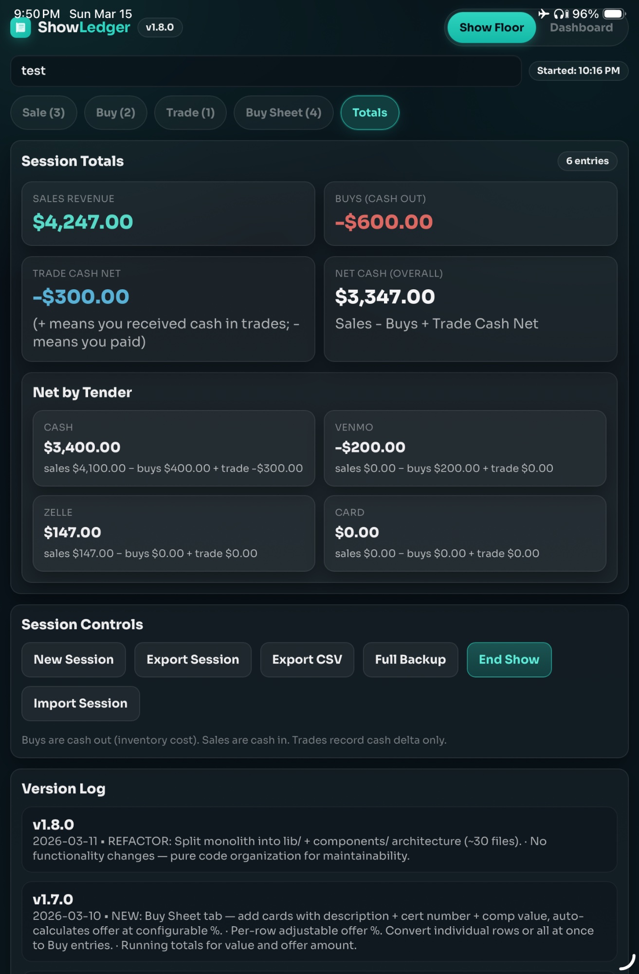 Session totals screen