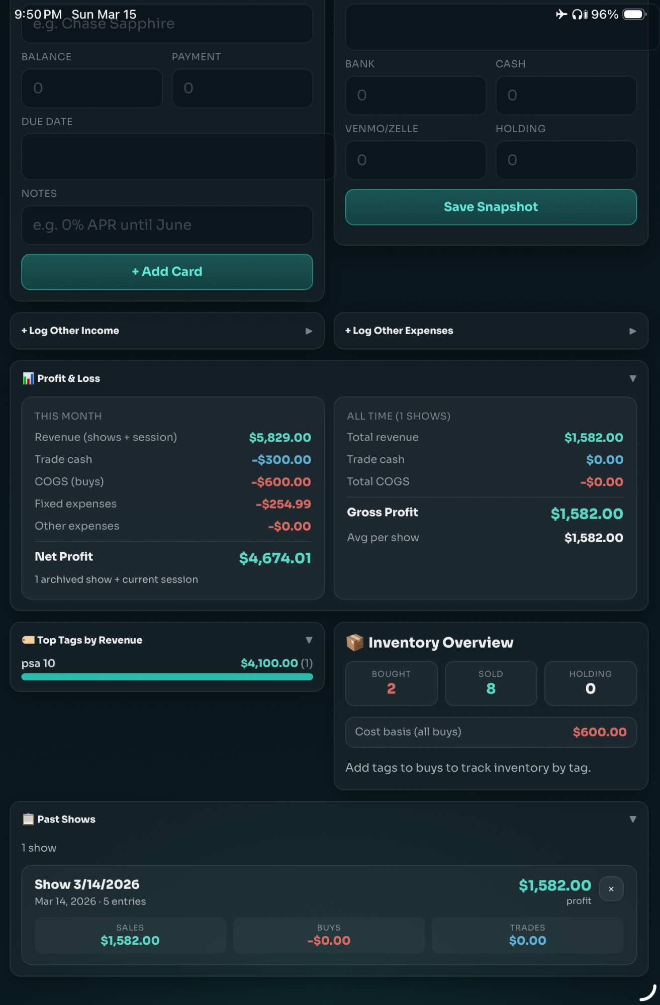 Dashboard and P&L screen